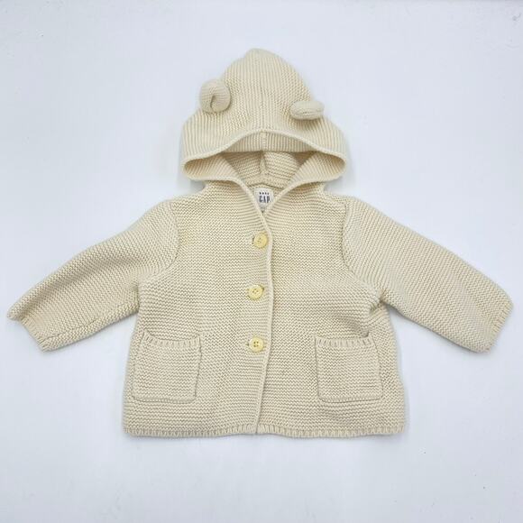 Baby GAP Beige Bear Ears Hood Button Up Cardigan Size 3-6 M - Picture 1 of 8